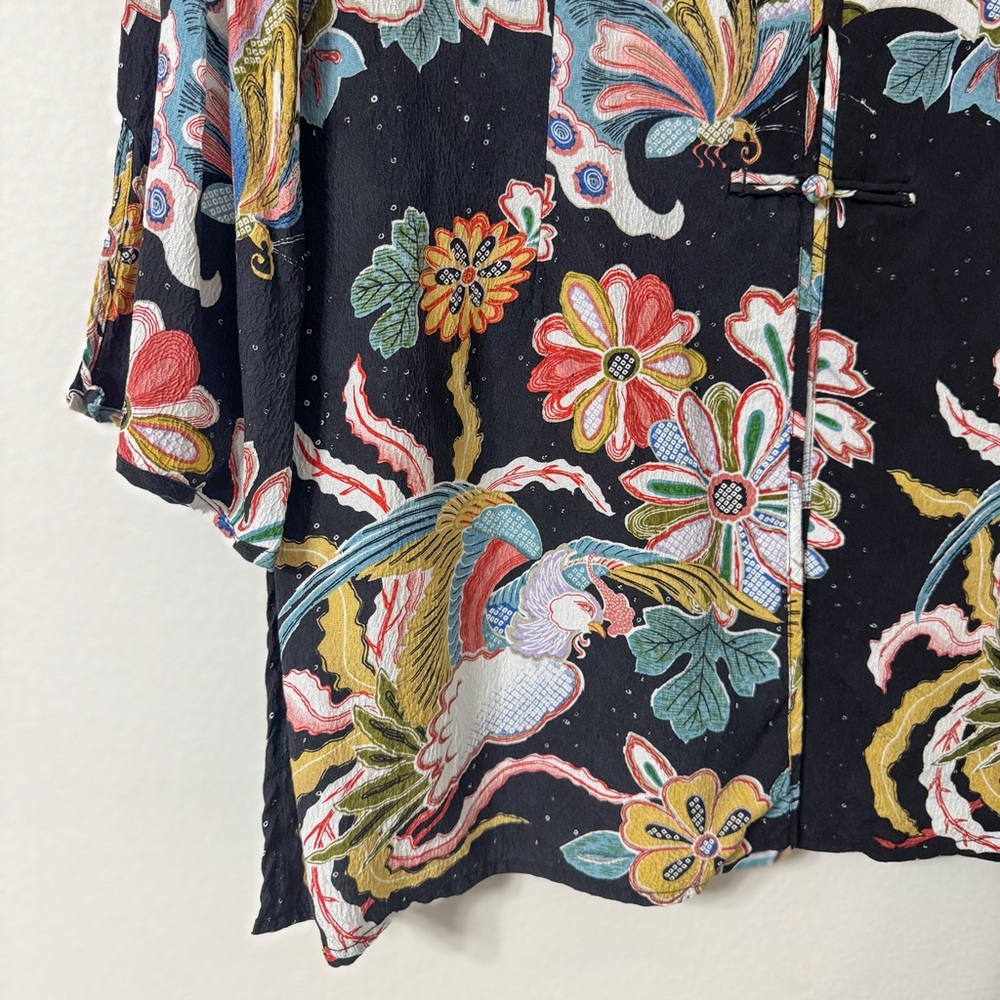 Citron Santa Monica Silk Asian Floral Crane Tunic Top Black Multicolor M